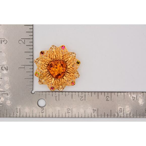 Vintage Crystal Flower Pin Brooch Watermelon Rhinestone Gold Tone Filigree BinAT - Picture 12 of 12